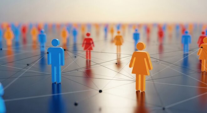 Abstract network of diverse people figures connected by lines representing relationships and community