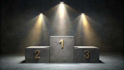 Podium with spotlights highlighting first second and third place winners in competition