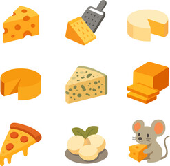 Vector illustration of different types of cheese with pizza slice, mozzarella balls, and mouse holding cheese. Perfect for dairy, food design, icons, and culinary projects.