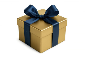 Obraz premium Elegant gold gift box with a navy blue bow and ribbon, perfect for celebrations, birthdays, christmas, or any special occasion