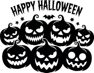 Fototapeta premium Spooky halloween jack-o'-lanterns with bat and stars text celebration design vector