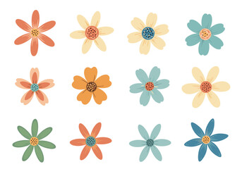 A collection of twelve cheerful daisy flowers in various pastel colors and styles