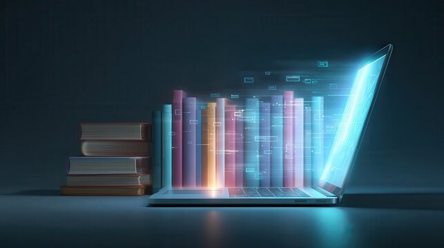 E-library concept with virtual book icons, e-books, digital library access, online knowledge base using laptop for e-learning and studying.