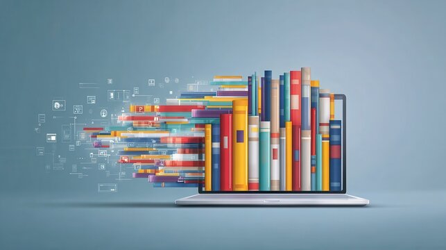 E-library concept with virtual book icons, e-books, digital library access, online knowledge base using laptop for e-learning and studying.