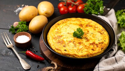 Frittata in a pan, with potatoes and fresh herbs