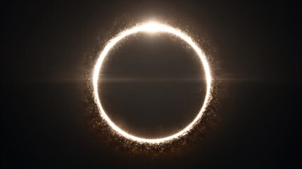 Obraz premium A luminous golden ring, composed of shimmering particles, radiates light against a dark background. A subtle lens flare emanates horizontally