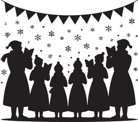 Christmas carolers silhouette festive holiday scene with snowflakes and bunting decorations
