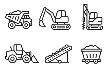 Fototapeta premium Construction equipment icons set: dump truck, excavator, bulldozer, conveyor, mining cart