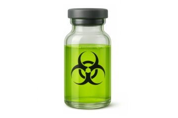 Biohazard symbol on vial containing green liquid on transparent background