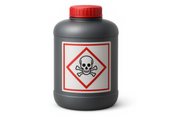 Gray plastic bottle showing skull and crossbones warning sign on transparent background