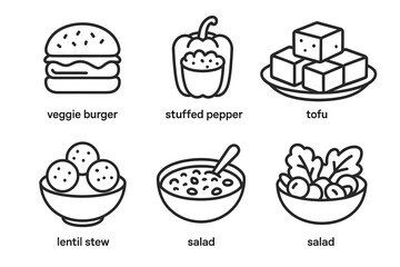 Icons of veggie burger, stuffed pepper, tofu, lentil stew, and salad