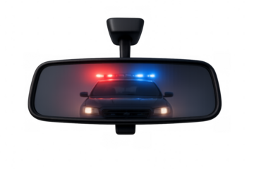 Police car with flashing lights reflecting in rearview mirror on transparent background