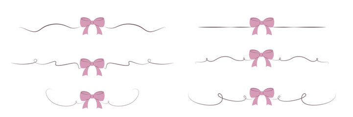 Hand drawn pink and brown girly coquette bow ribbons banners set. Vector stock illustration isolated on white background for design template birthday, wedding, Christmas card, invitation, sale banner