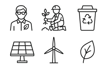Eco-friendly icons: recycling, solar panel, wind turbine, leaf, gardener, environmental
