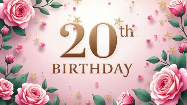 Elegant 20th BIRTHDAY text with pink roses, golden stars and confetti on soft pink backdrop with festive floral glow  
