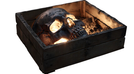 Skull in wooden box, isolated on transparent background