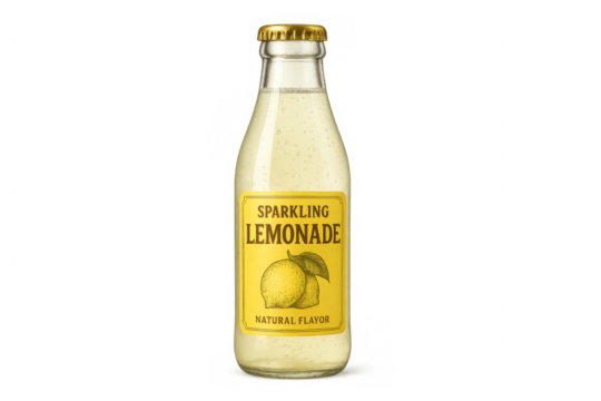 Sparkling lemonade glass bottle with yellow label on transparent background
