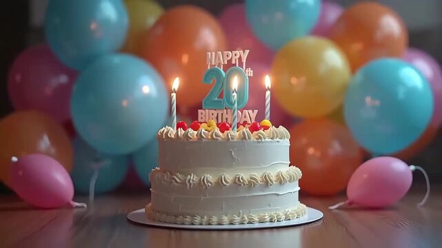 Fruit-topped birthday cake with HAPPY 20th BIRTHDAY topper, lit candles and colorful balloons on festive warm backdrop  
