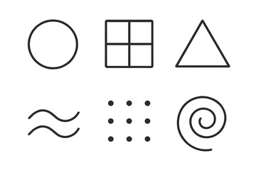 Geometric shapes: circle, grid, triangle, waves, dots, spiral in simple black outline design