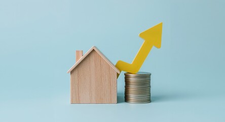 Naklejka premium Ascending Arrow Behind Facade, Stack of Coins, and Light Blue Backdrop Simple Composition.