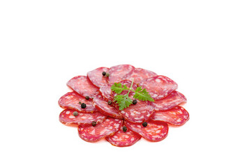 Slices of salami isolated on white background