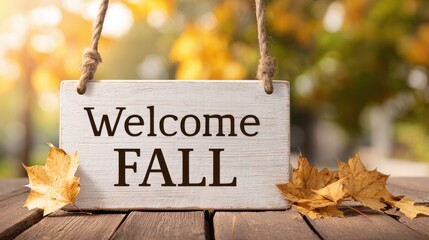 White wooden sign 'Welcome FALL' with ropes, on rustic table with dried leaves and blurred autumn foliage.