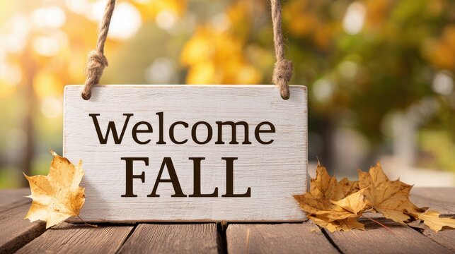 White wooden sign 'Welcome FALL' with ropes, on rustic table with dried leaves and blurred autumn foliage.
