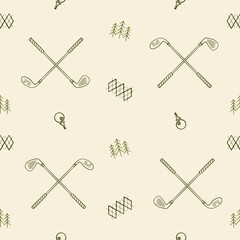 Golf club hand drawn seamless pattern background. Vintage golf sticks doodle background vector.