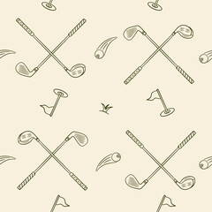Golf club hand drawn seamless pattern background. Vintage golf sticks doodle background vector.