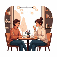 Two friends enjoying a coffee break at a cafe, having a conversation. This vector illustration is perfect for themes of friendship, lifestyle, and leisure.