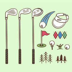 Golf equipment hand drawn illustration collection. Set of golf tools doodle icon vector. Containing golf club, hole, ball, hat, flag.
