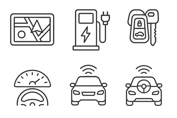 Electric vehicle icons: charger, gps, speedometer, car keys, steering wheel