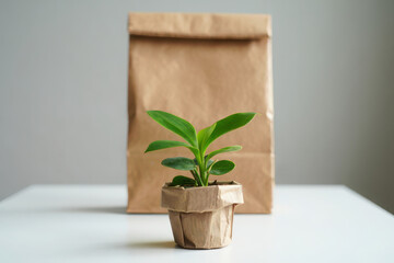 Small potted plant in front of a brown paper bag on a light surface