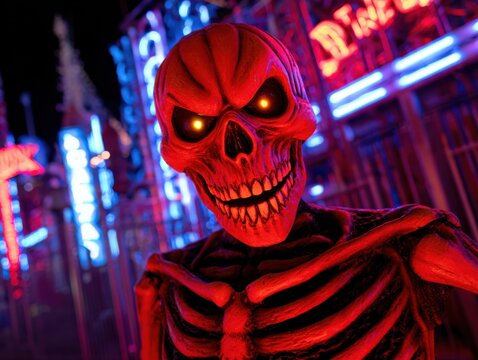 A menacing red skeleton figure with glowing yellow eyes stands against a vibrant, blurred background of blue and red neon lights at night.