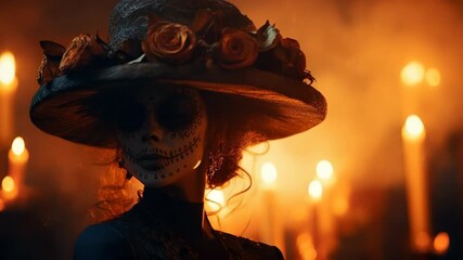 Mysterious woman with intricate sugar skull face paint, adorned with a floral hat, stands gracefully amidst warm candlelight glow, celebrating El Día de Muertos, Mexican tradition.