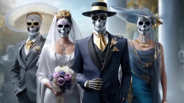 Elegant skeleton wedding couple and guests, celebrating Day of the Dead holiday, dressed in formal attire, posing outdoors near grand pillars, rich cultural festival, vibrant sugar skulls.