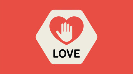 Fototapeta premium A graphic featuring a red heart with a white hand inside, enclosed in a hexagon shape with love text