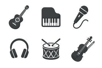 Obraz premium Musical instruments icons: guitar, piano, microphone, headphones, drum, violin