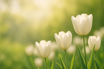 Obraz premium Gentle white tulips in soft sunlight create serene spring background, perfect for advertising or greeting card design, evoking calm and peaceful emotions in natural garden setting