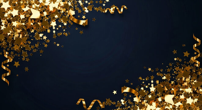 Dark blue background with gold stars and ribbons forming a frame, leaving central free space for text or logo Suitable for festive designs or invitations