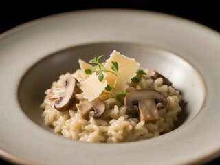 An elegant serving of creamy Italian mushroom risotto with sliced mushrooms, parmesan cheese, and fresh thyme.