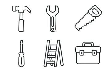 Obraz premium Simple line drawings of hammer, wrench, saw, screwdriver, ladder, toolbox icons
