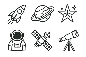 Space exploration icons: rocket, planet, star, astronaut, satellite, telescope