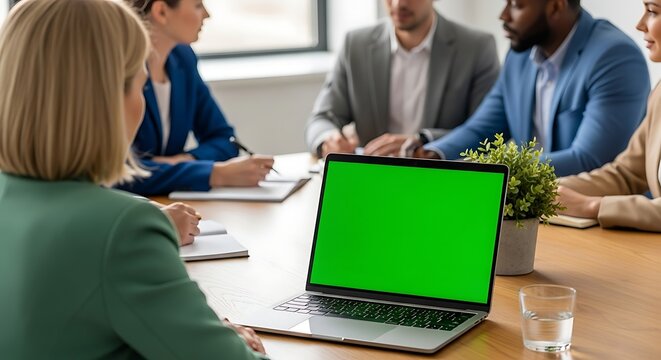 Business Meeting with Green Screen Laptop Display
