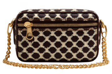 Brown and cream woven patterned crossbody bag with gold chain isolated on transparent background