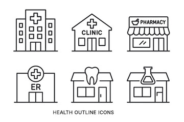 Healthcare facility icons: hospital, clinic, pharmacy, er, dental, laboratory