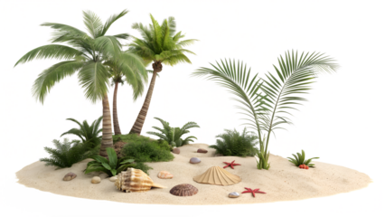 Tropical paradise island illustration featuring palm trees seashells starfish and sandy beach isolated on transparent background