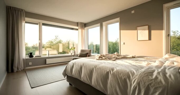 Sun-drenched bedroom with expansive windows showcasing a tranquil landscape.
