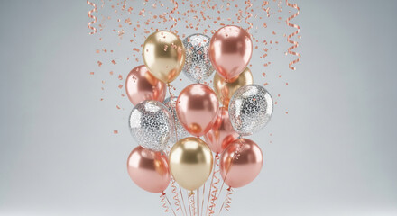 Rose gold and silver balloons with confetti, ideal for celebratory backgrounds or festive designs Free space for text or logo