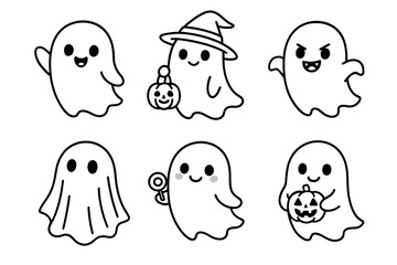 Cute halloween ghost doodles with pumpkins and costumes